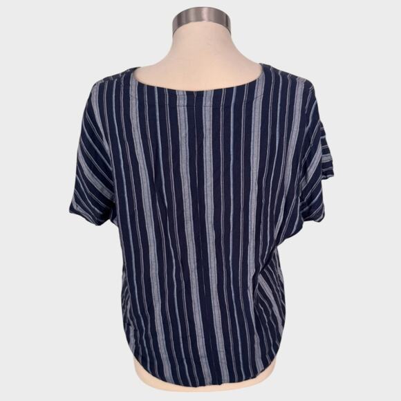 Universal Thread M Button Front Tie Waist Navy Blue Stripe Short Sleeve Top - Picture 7 of 8